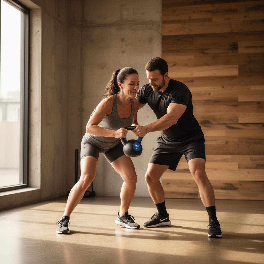 Personal trainer orientando aluna durante exercício