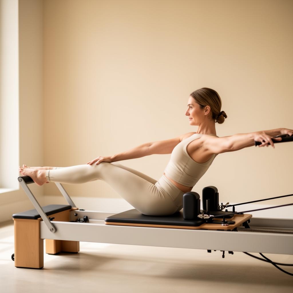 Aluna executando pilates no reformer